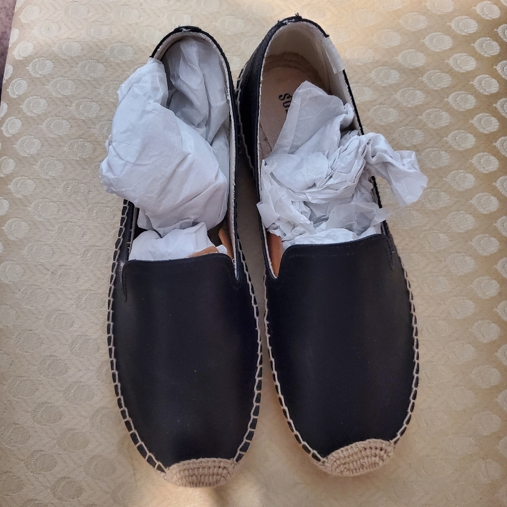 Soludos Black Leather Platform Smoking Slippers SZ 10 Jute Rope Bed